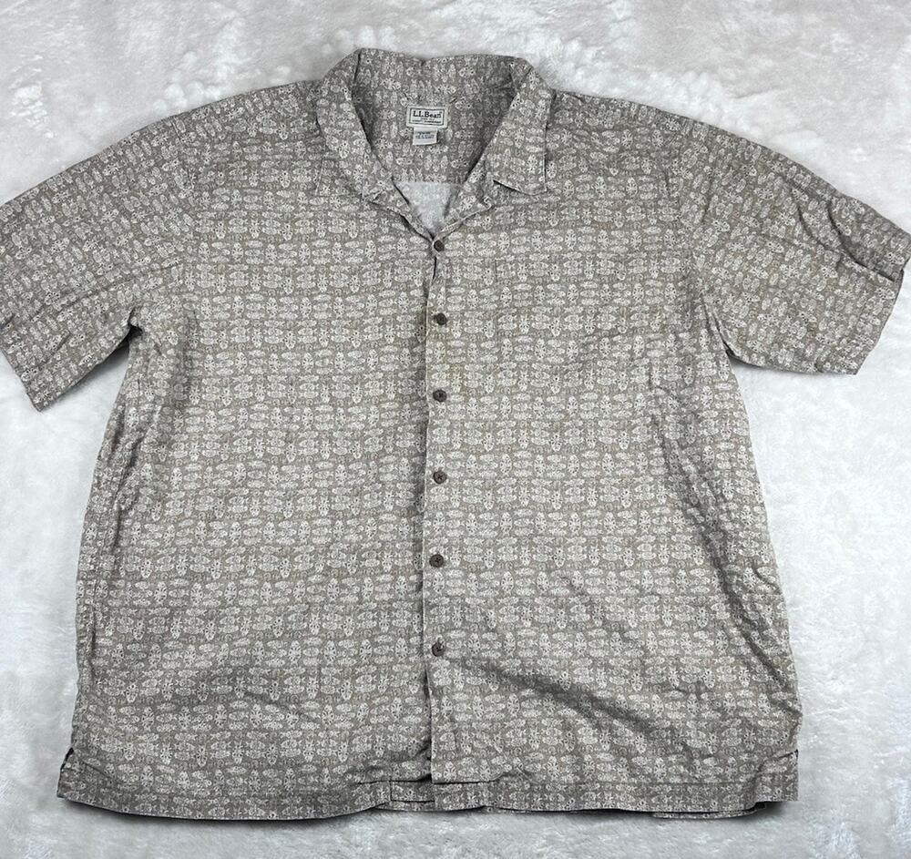 LL Bean Shirt Mens Sz XXL Brown Batik Button Tropical Tiki Hawiian Aztec Tribal